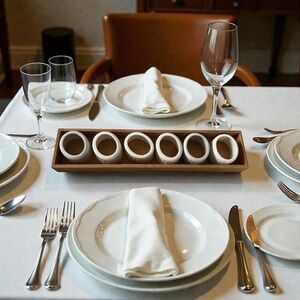 White Ceramic Napkin Rings Set and Wooden Holder. Includes 6 rings
